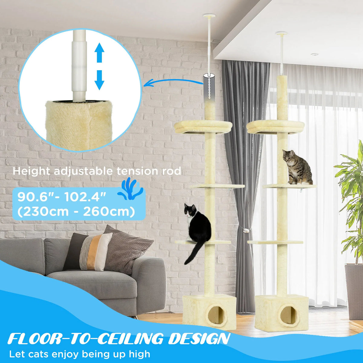 Floor to Ceiling Cat Tree with Scratching Post for Indoor Cats, Adjustable Height Cat Tower (91-102 Inches) with House, 