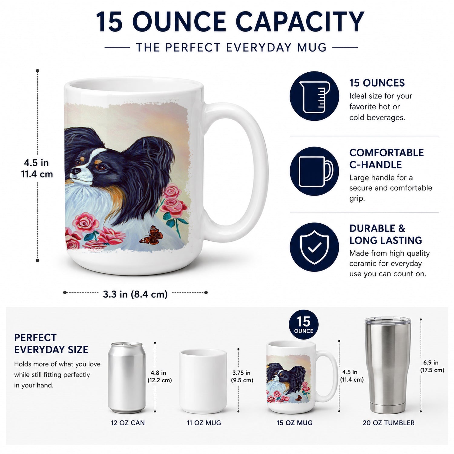 Papillon Ceramic Coffee Mug 15 oz Decorative Large C Handle Mug Cup for Tea, Cocoa Hot Chocolate