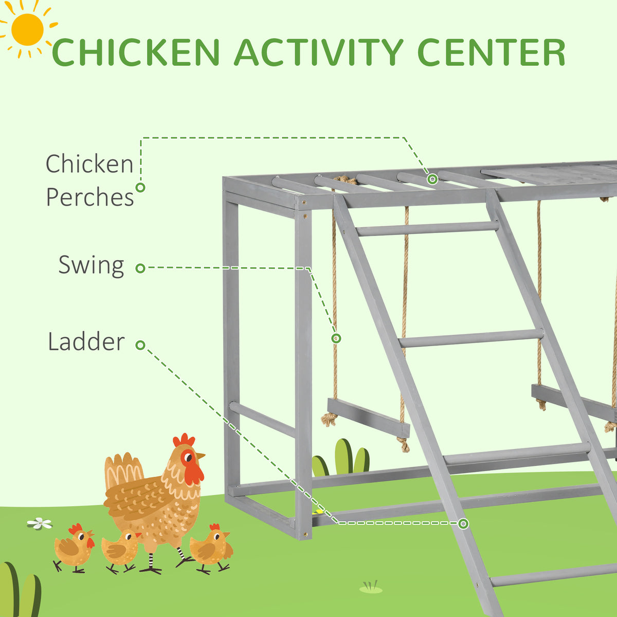 Chicken Activity Play with Swing Set for 3–4 Birds, Wooden Chicken Coop Accessory with Multiple Perches & Hen Ladder, Gr