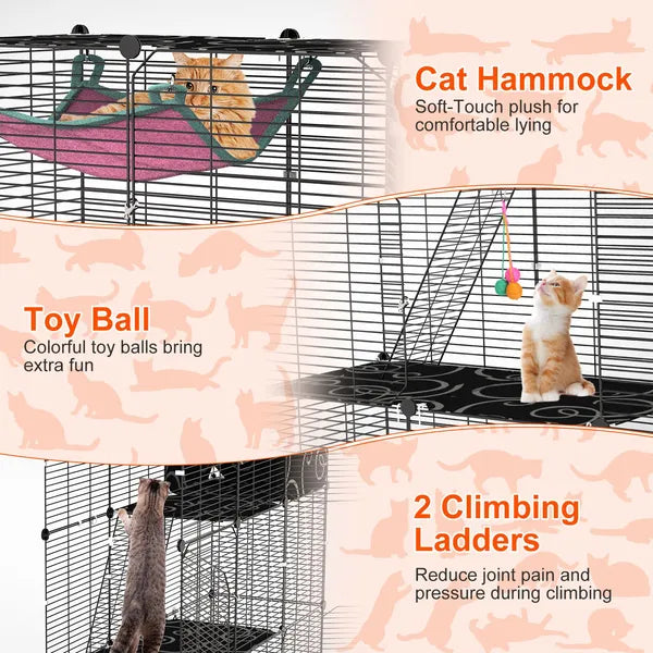 3-Tier Cat Cage Enclosure Indoor Cat Cage Playpen With Hammock Toy Ball Ladder DIY Iron Wire Cat House Kennels Crate For