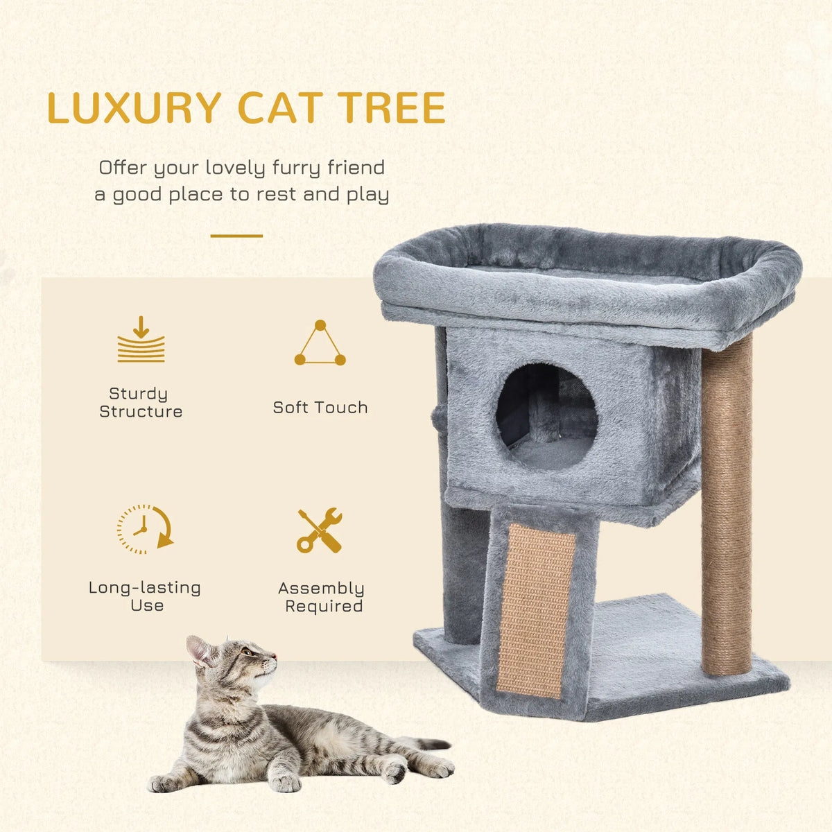 Cat Tree, Small Cat Tower with Perch, Scratching Post, Cat Condo, Toy Ball for Kitty, Indoor Use, Grey