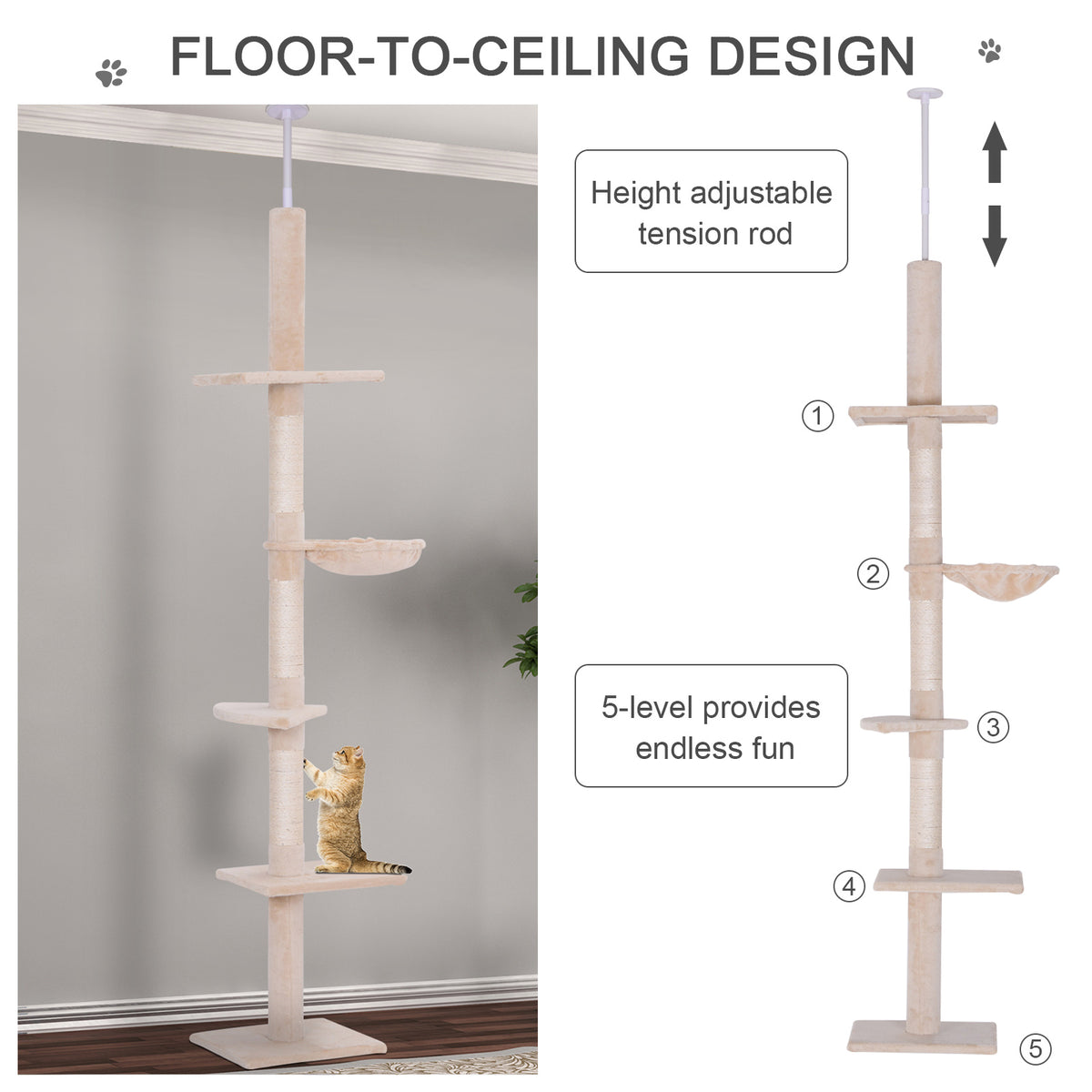 102" Adjustable Height Floor to Ceiling Cat Tree, 5 Level Cat Tower with Scratching Posts, Hammock, Beige