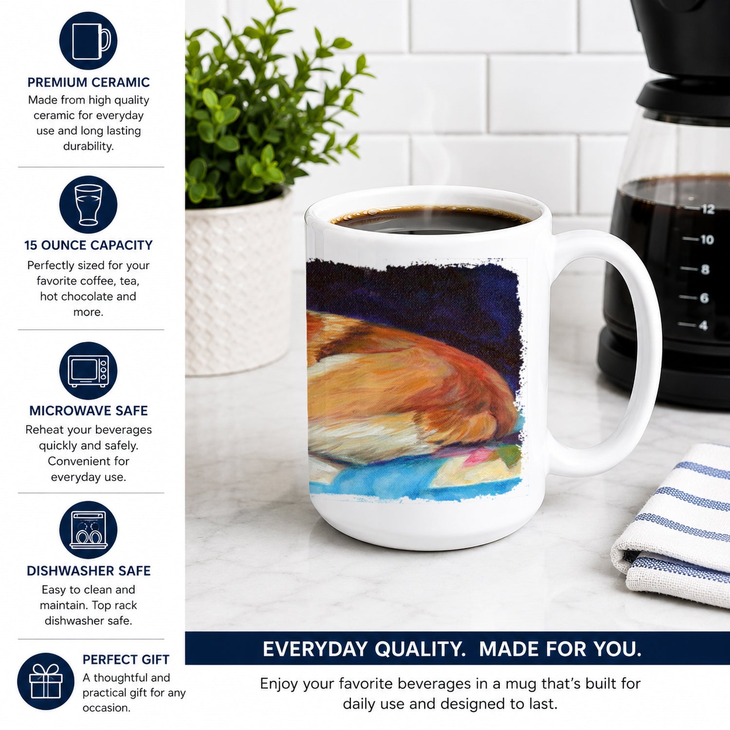 Corgi Ceramic Coffee Mug 15 oz Decorative Large C Handle Mug Cup for Tea, Cocoa Hot Chocolate