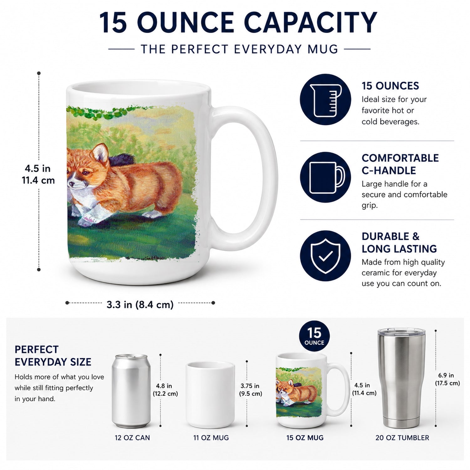 Corgi Ceramic Coffee Mug 15 oz Decorative Large C Handle Mug Cup for Tea, Cocoa Hot Chocolate