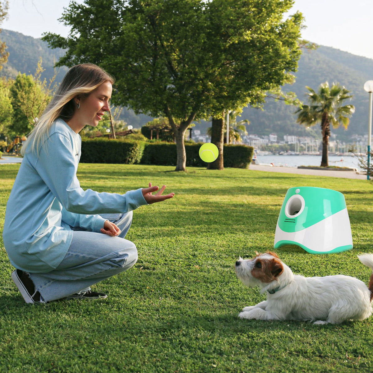 1Pc Automatic Dog Ball Launcher Toy Included 6 Tennis Balls Dog With 3 Adjustable Launch Distance Interactive Ball Throw