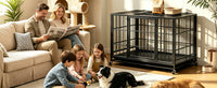 Heavy Duty Dog Crate , Mobile Pet Kennel with Lockable Wheels & Rotary Twist-Latch, Indoor Outdoor Metal Cage with Perfo