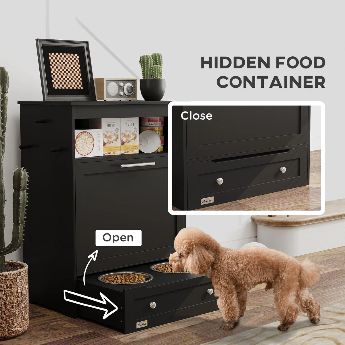 Pet Feeder Station Storage Cabinet, Dog Food Storage Container with Dog Raised Bowls, Watering Supplies, Black