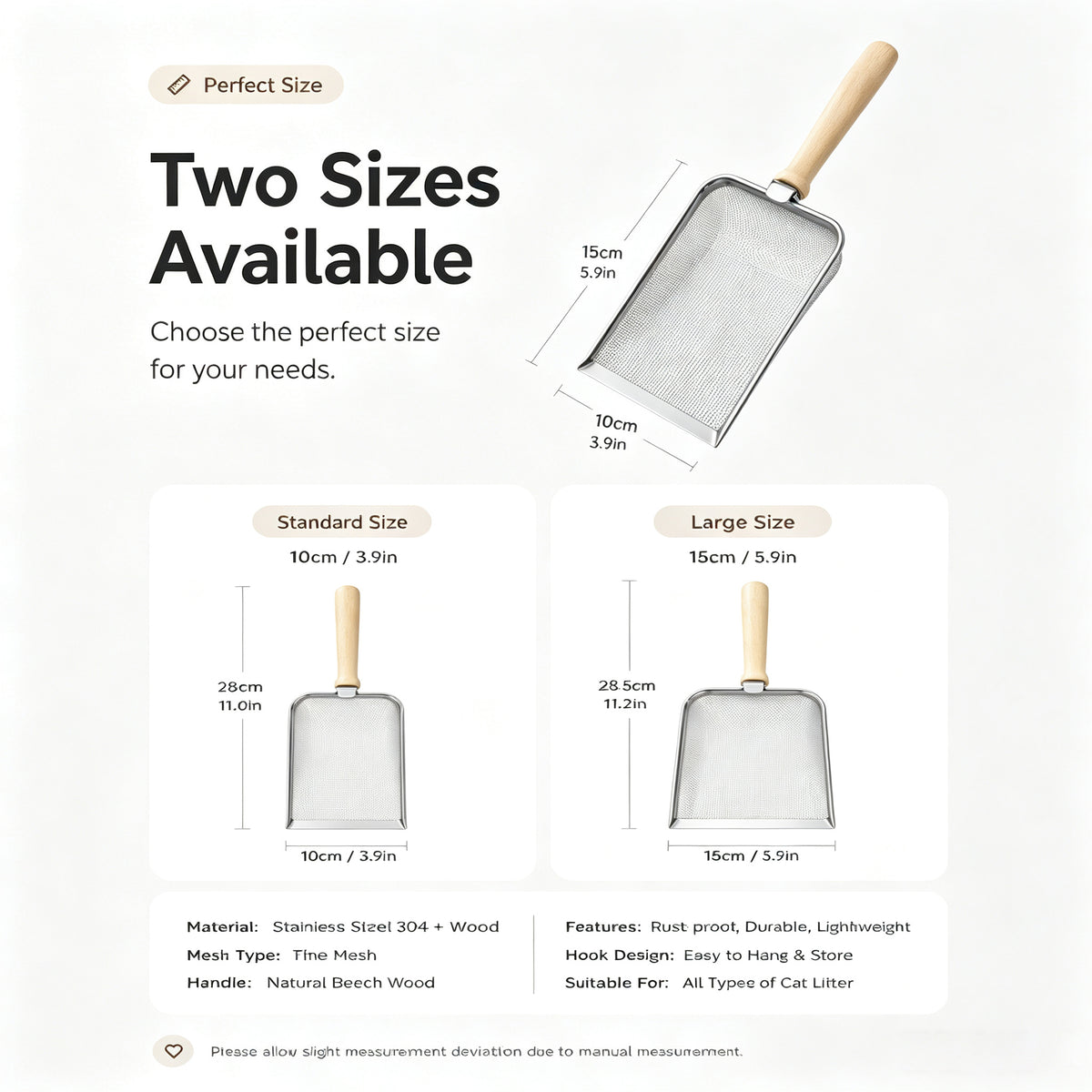 Stainless Steel Cat Litter Scoop With Fine Mesh Sifter, Durable Metal Litter Scooper With Ergonomic Wooden Handle, Heavy