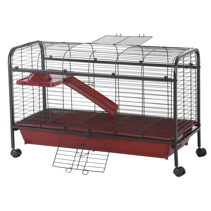 PawHut 41L Small Animal Cage, Pet Play House For Rabbit Hutch Ferret With Feeder, Rolling Wheels, Platform, Ramp