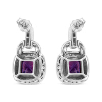 .925 Sterling Silver 8MM Natural Cushion Shaped Amethyst and Diamond Accent Halo with Push Back Dangle Earrings (I-J Color, I2-I3 Clarity)