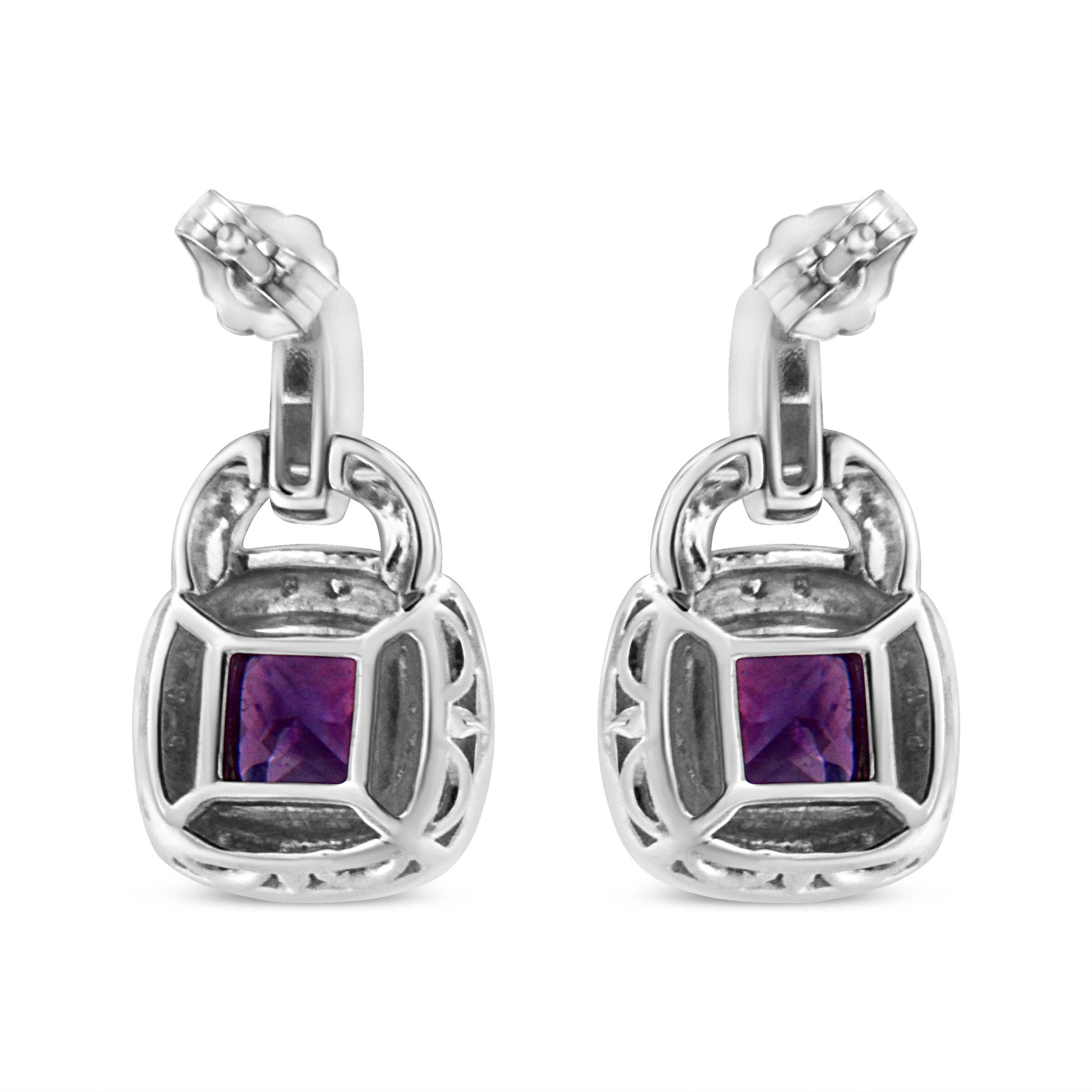 .925 Sterling Silver 8MM Natural Cushion Shaped Amethyst and Diamond Accent Halo with Push Back Dangle Earrings (I-J Color, I2-I3 Clarity)