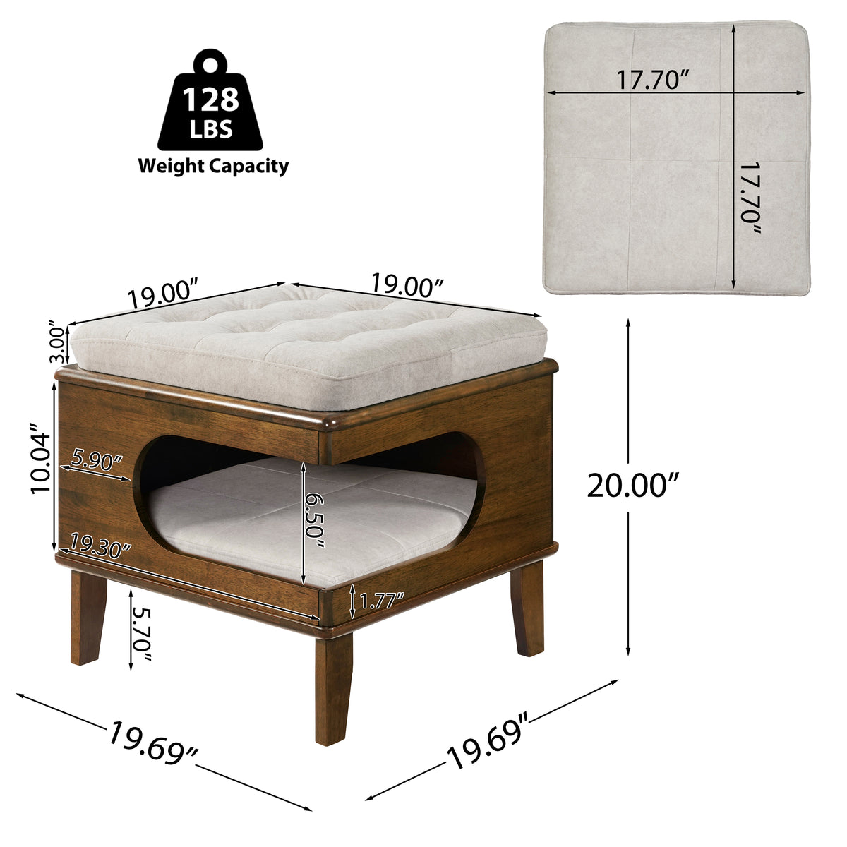 Letitia Rubber Wood Cat Bed Ottoman, 2-in-1 Tufted Pet Ottoman with Cat Cave, Multi-Functional Footstool with Cat Hideaw