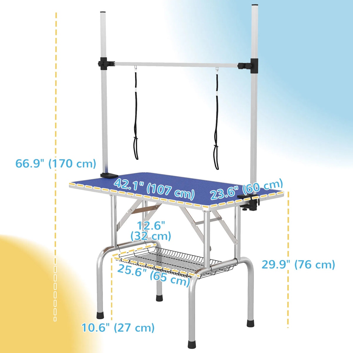 Adjustable Dog Grooming Table with 2 Safety Slings, Storage Basket, Blue