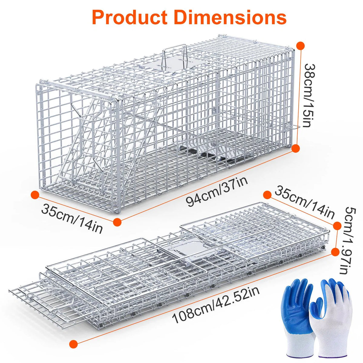 Heavy-Duty Live Animal Trap - 37x14x15 Inch Galvanized Mesh, Sensitive Pedal Trigger & Rear Release Door, Guarded Handle