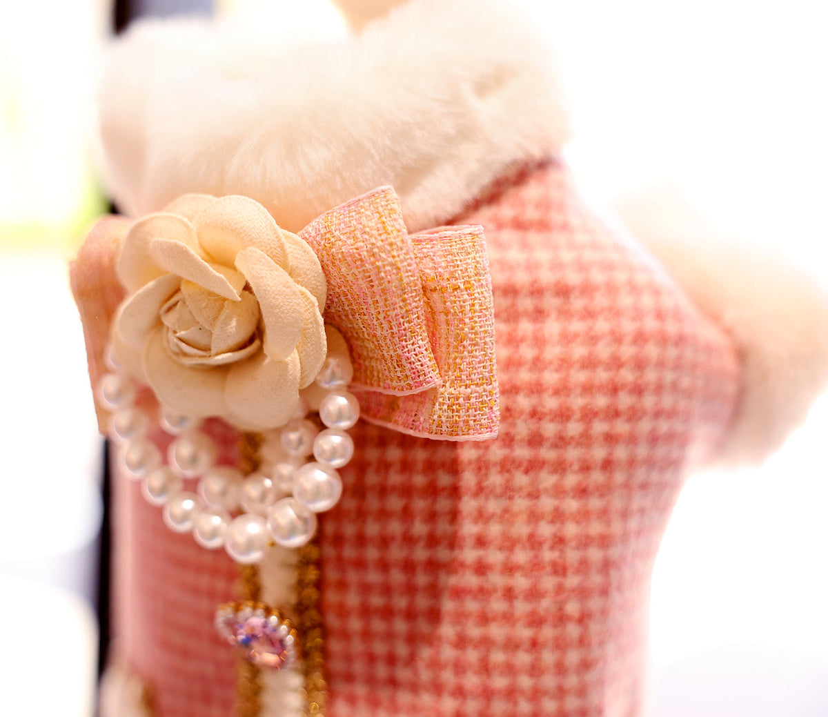 Pink Tweed Pearl Dog Coat Vest with Faux Fur Trim-Pet Apparel-BIG FRENCHIES-Jane's Pet Boutique