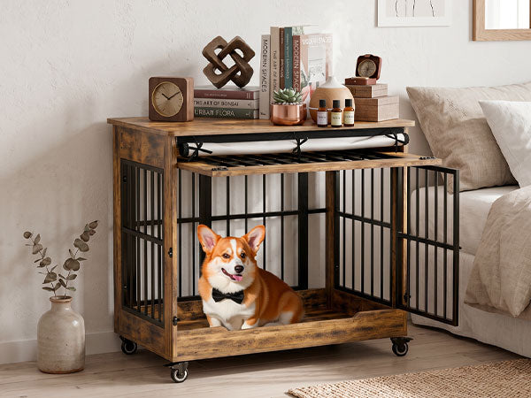 32in Dog Crate Furniture, Double Door Wooden Indoor Dog Kennel Furniture, Decorative Pet Cage End Table With Wheels For 
