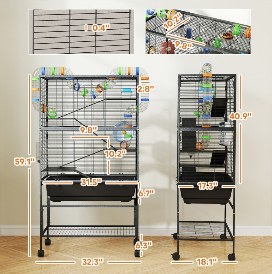 5 Tier Hamster Cage, Rolling Rat Cage With Deep Tray, Storage Shelf, Big Exercise Wheel, Hut, Tube System