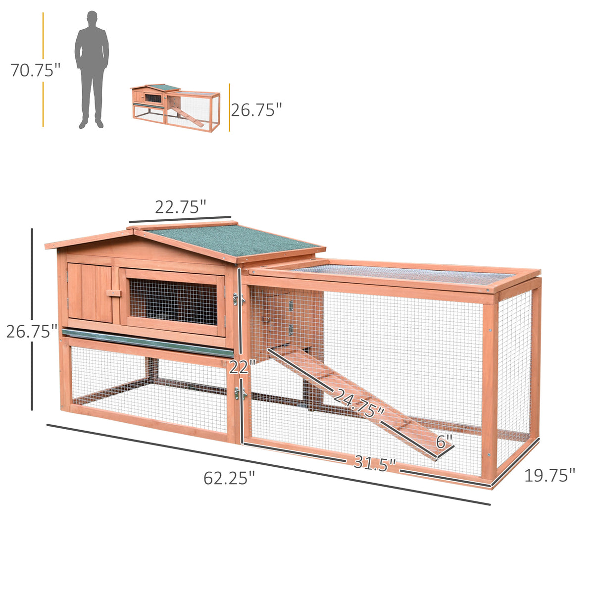 Rabbit Cage Outdoor, 62" Wooden Outdoor Rabbit Hutch, Small Animal Habitat with Detachable Run and Elevated Main House, 