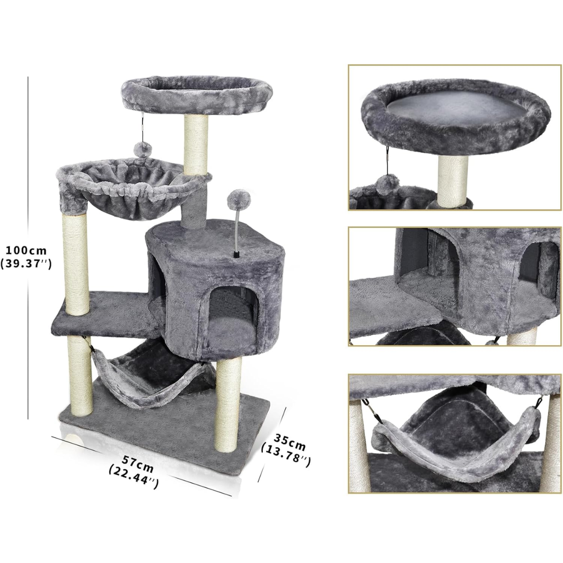 Cat Tree With Cat Condo And Big Hammock, Grey