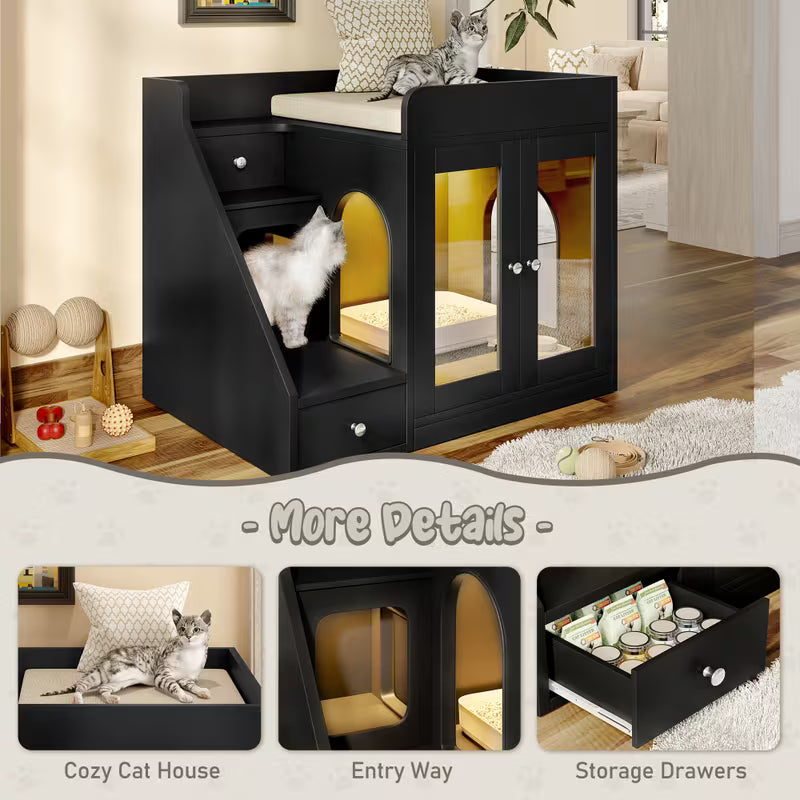 Litter Box Enclosure Cabinet with LED Light – 2-Drawer Cat House Side Table, White/Black/Gray
