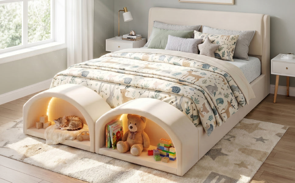 Queen Size Upholstered Platform Bed Frame with Dual Cat Caves, LED Lighted Pet Nests at Footboard, Beige
