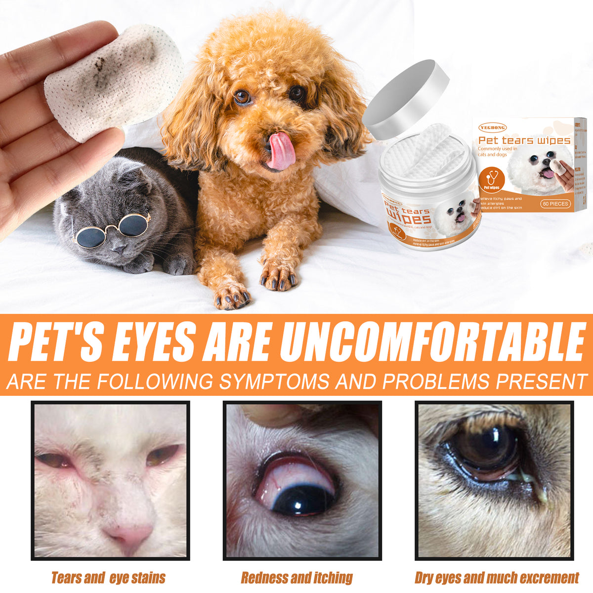 Pet Tear Stain Wipes For Dogs & Cats, Natural Aloe & Chamomile Extract Gentle Eye Cleaning Wipes, Hypoallergenic Non-Irr