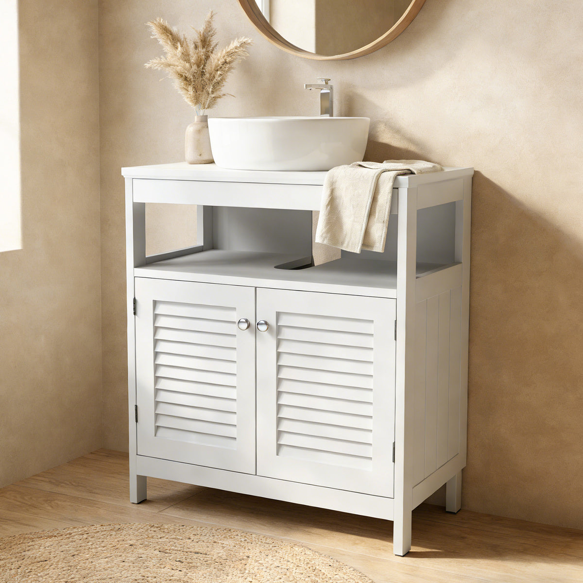 Wall Mounted Sink Plumbing Under Sink Storage Cabinet With 2 Doors Open Shelf U Shape Cut Out Wall Mounted Drainage Bath