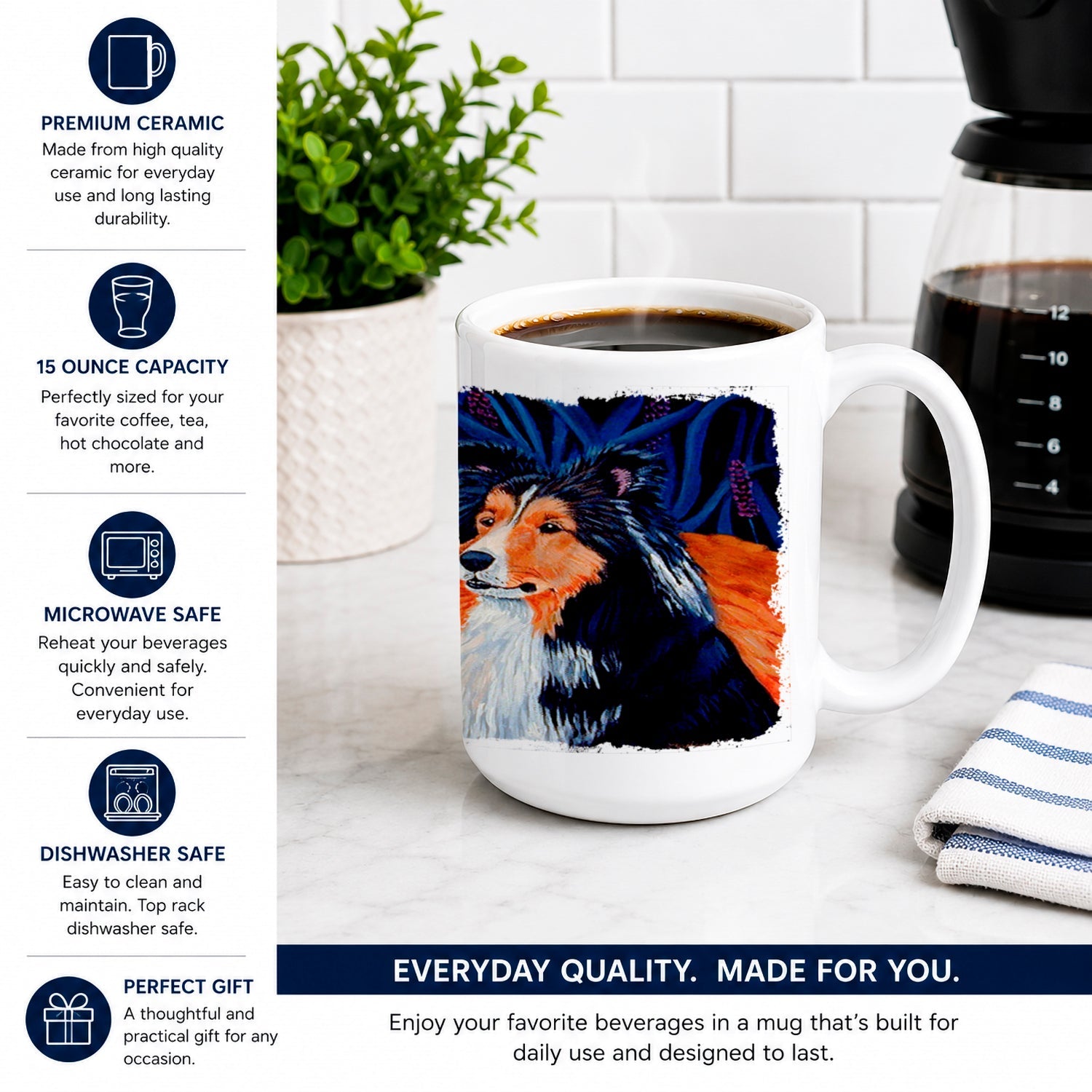 Sheltie Ceramic Coffee Mug 15 oz Decorative Large C Handle Mug Cup for Tea, Cocoa Hot Chocolate