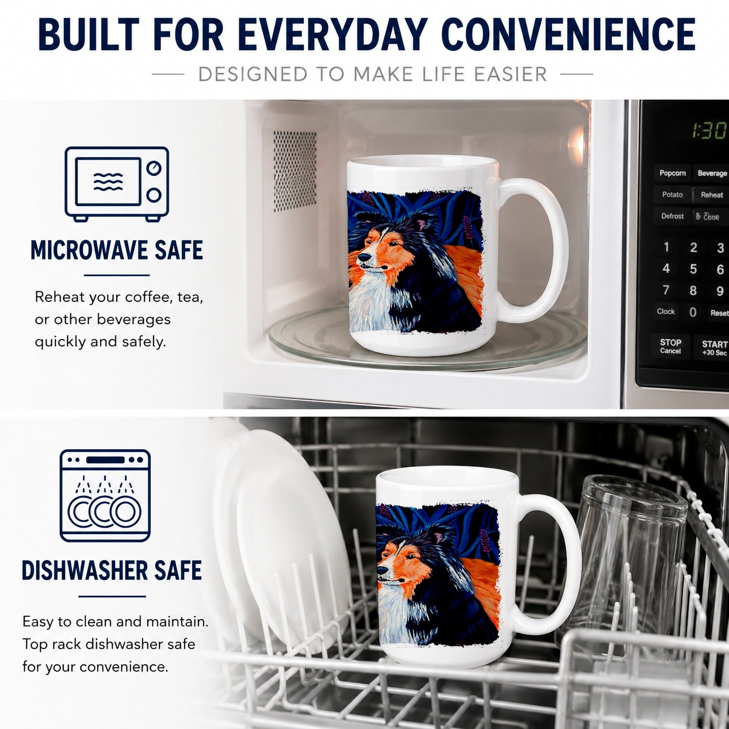 Sheltie Ceramic Coffee Mug 15 oz Decorative Large C Handle Mug Cup for Tea, Cocoa Hot Chocolate