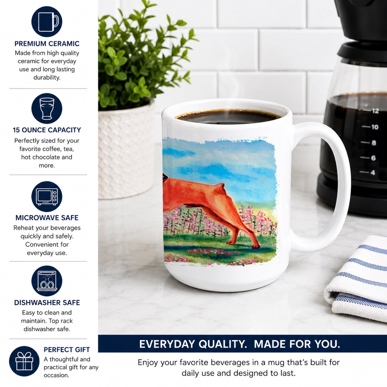 Min Pin Ceramic Coffee Mug 15 oz Decorative Large C Handle Mug Cup for Tea, Cocoa Hot Chocolate