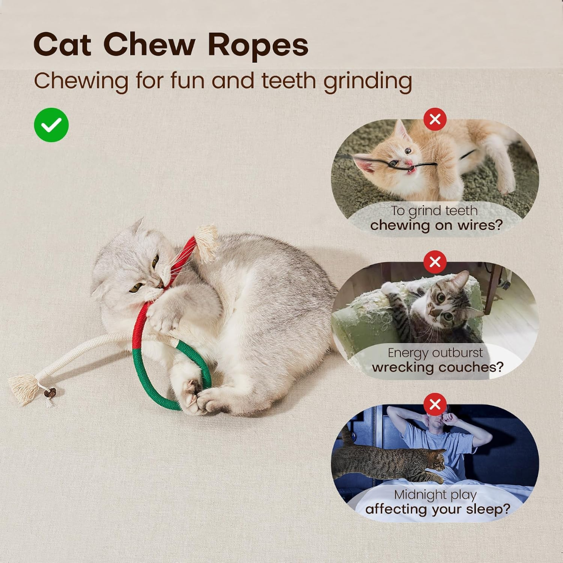 Cat Toys Chew Ropes 3Pcs With Refillable Natural Catnip