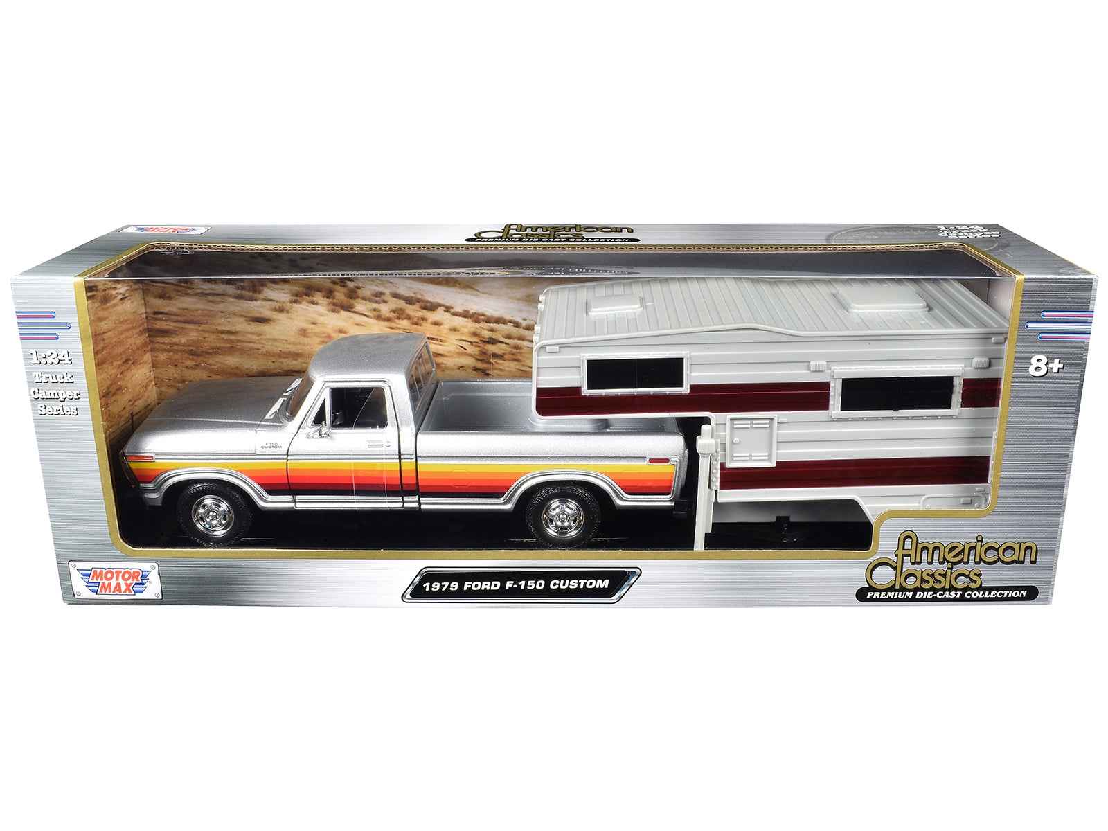 1979 Ford F-150 Custom Pickup Truck Silver Metallic with Side Stripes with Camper Shell "American Classics" Series 1/24 Diecast Model Car by Motormax