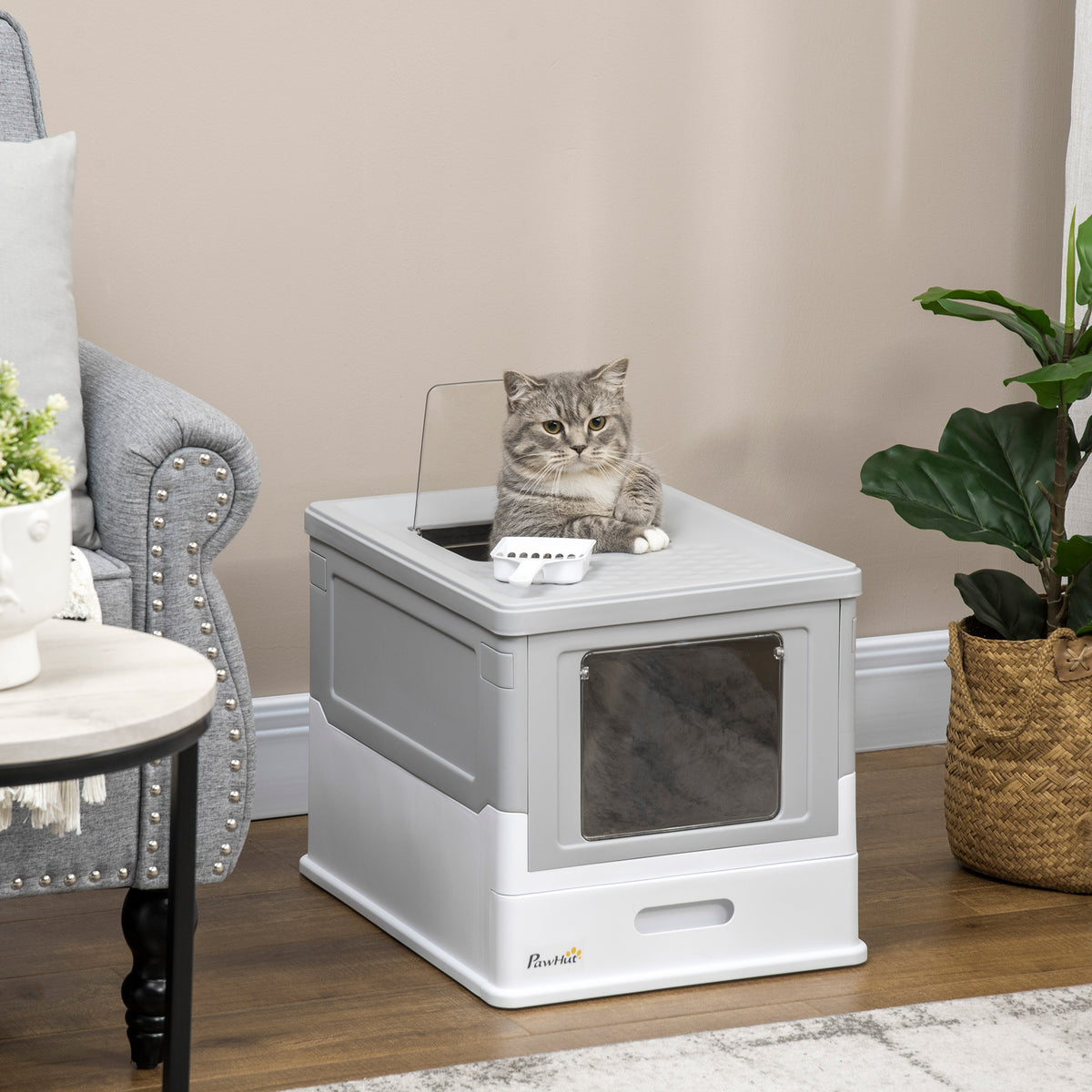 Fully Enclosed Cat Litter Box with Front Entry and Top Exit, Plastic, Gray & White