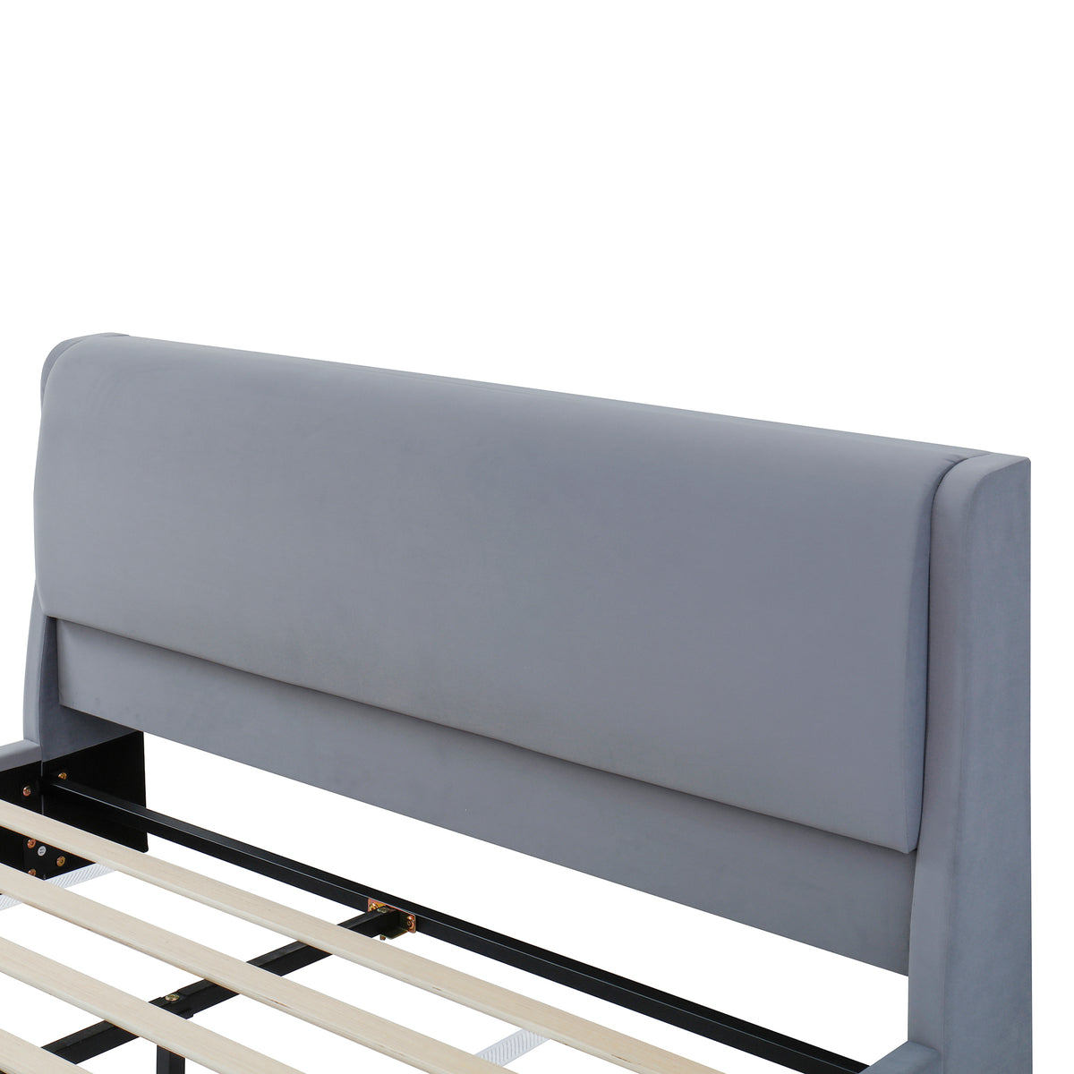 Queen Size Upholstered Platform Bed Frame with Dual Cat Caves, LED Lighted Pet Nests at Footboard, Gray