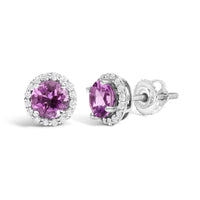 10K White Gold Purple Amethyst and 1/6 Cttw Diamond Halo Stud Earring