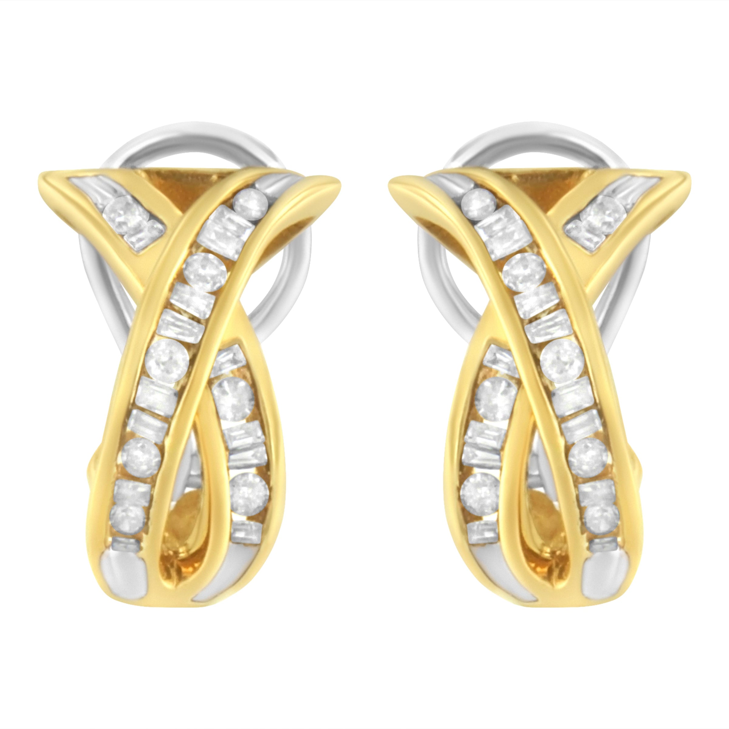 14K Yellow and White Gold 1/2 TDW "X" Shape Cross Over Diamond Hoop Earrings (I-J, I2-I3)