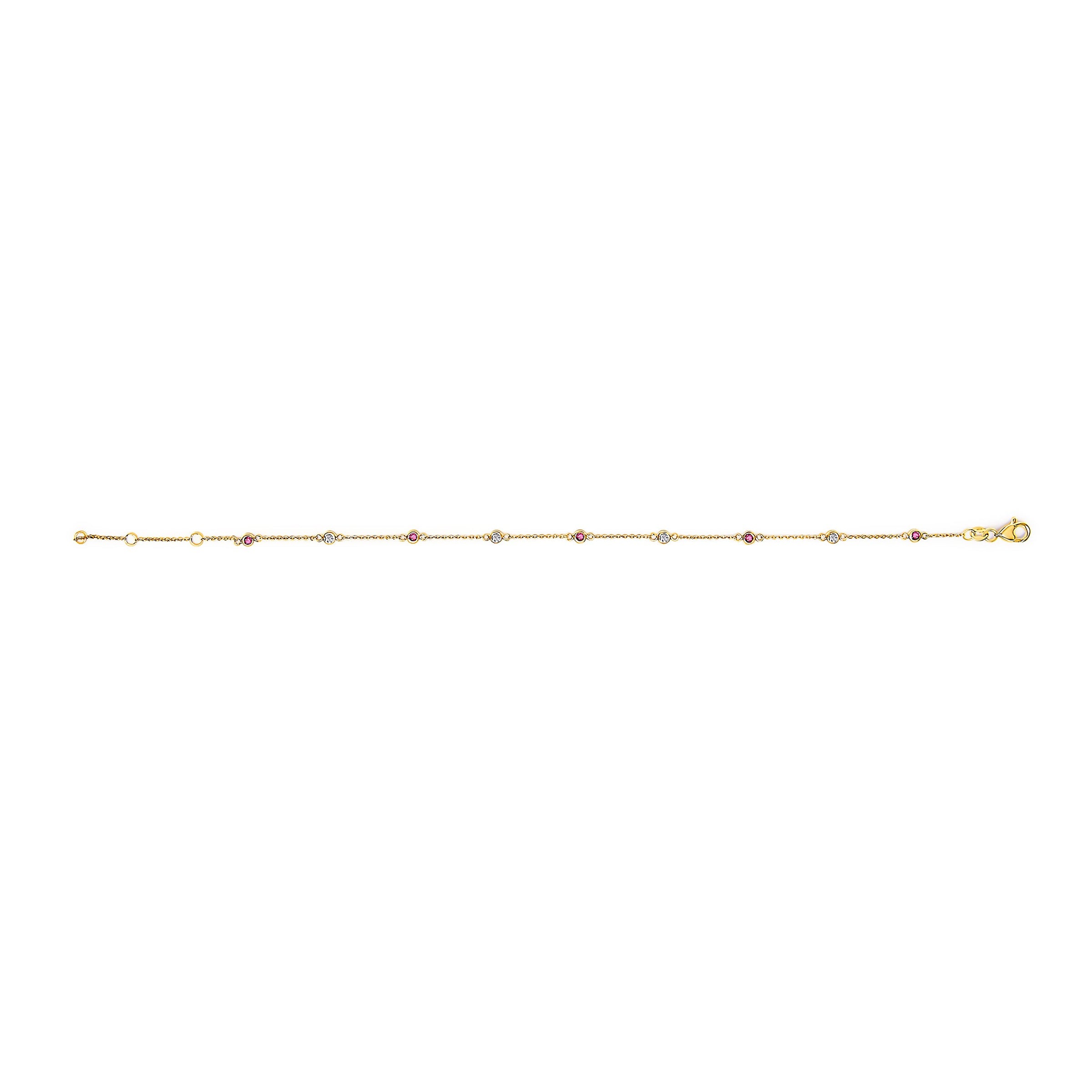14K Yellow Gold Alternating Red Ruby and White Diamond Bezel Station Chain Bracelet (I-J Color, SI2-I1 Clarity) - 8" Inches