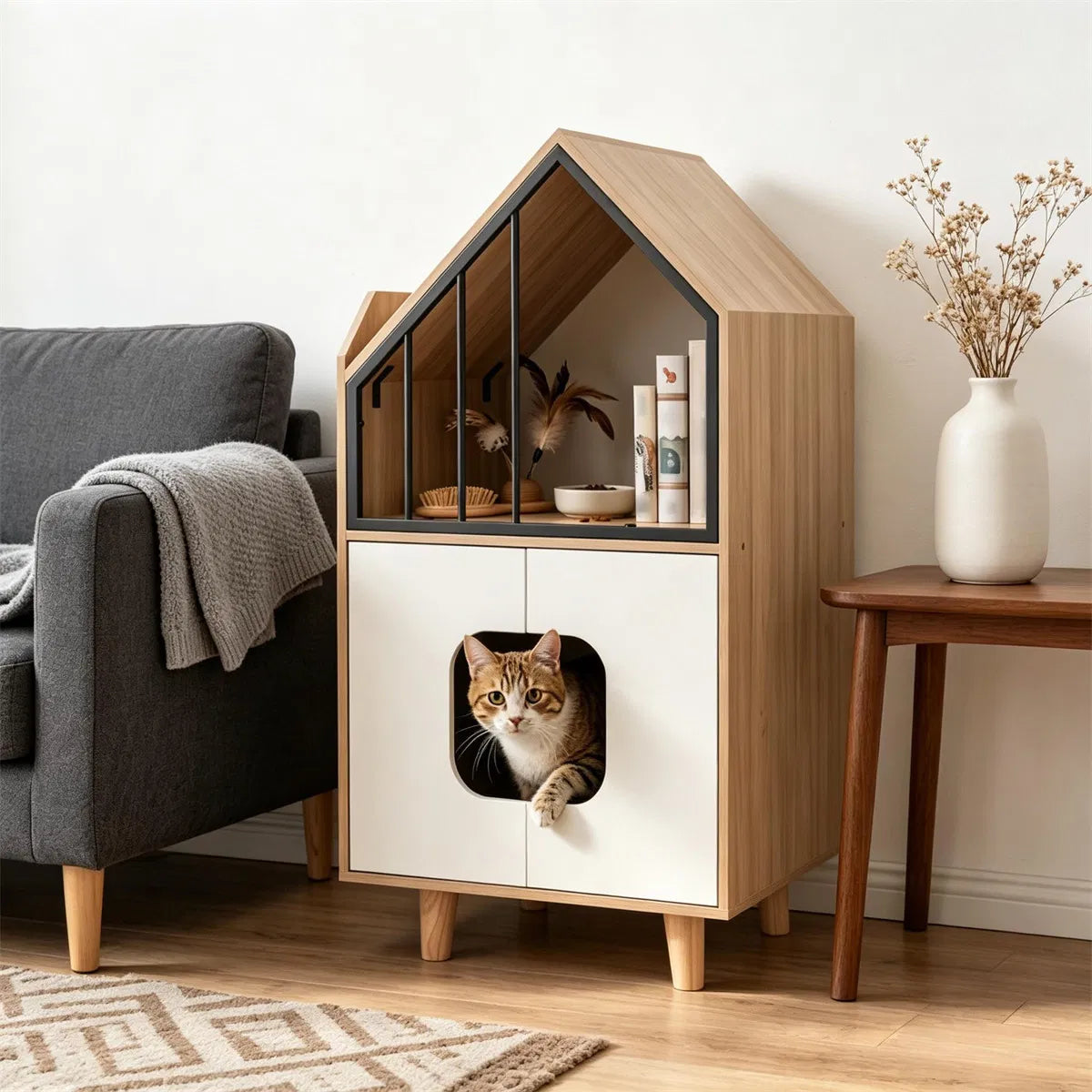 Natural & White Hidden Cat Litter Box Furniture, Elevated Cat Lounge Top Enclosed Cat Washroom Cabinet with Raised Legs 