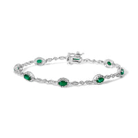 10K White Gold Oval Green Emerald & Diamond Alternating Link Bracelet