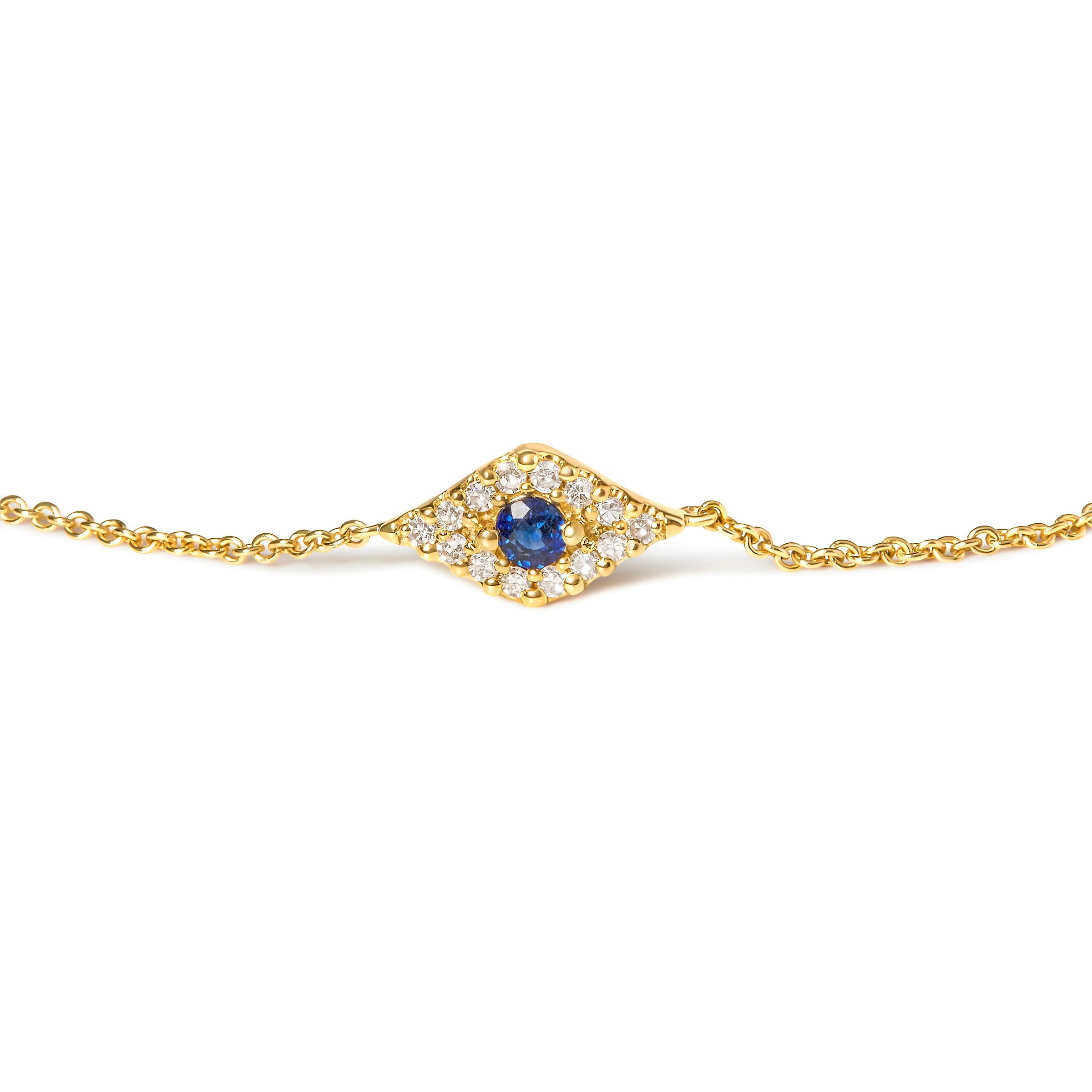 10K Yellow Gold Blue Sapphire and Diamond Accent Evil Eye Station Link Bracelet  (H-I Color, I1-I2 Clarity) - Size 7"