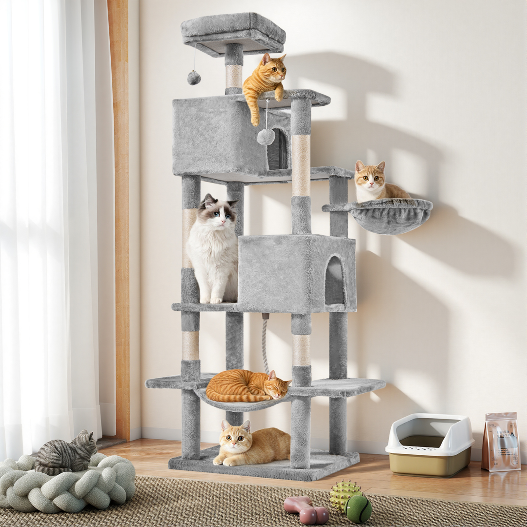 66 Inch Cat Tree Tower, Large Multi-Cat Climbing Extended Platform, Hammock, Pet House For Indoor Cats And Kittens Play