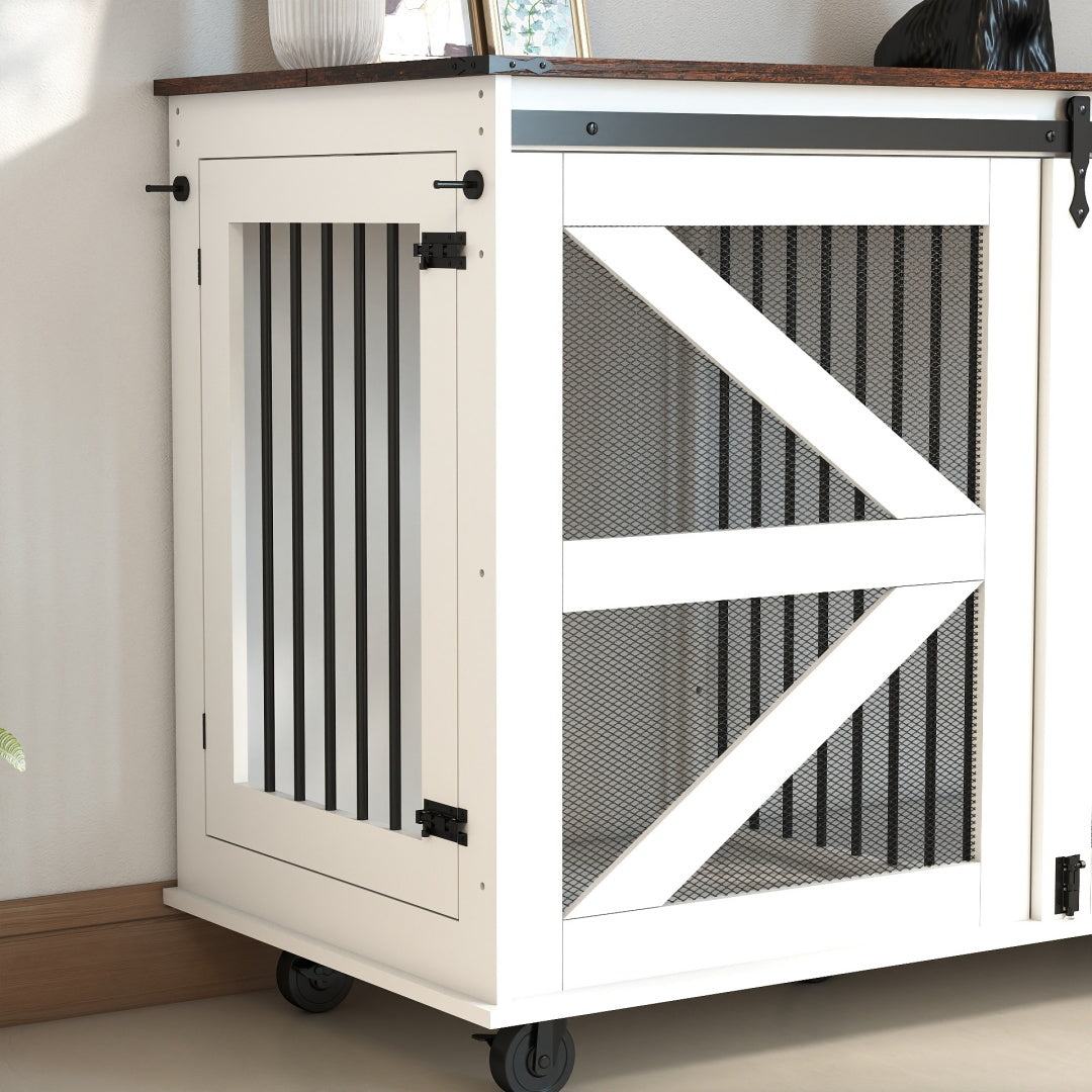 47.2 Mobile Dog Crate With Flip-Top Feeding Door, Dual-Access & 5 Caster System 2 Locking, Side Hooks - Multi-Functional