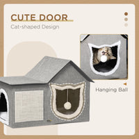 Large Cat Bed for Indoor, Cat House Hideaway with Soft Cushion, Scratching Pad, Dangling Ball, Dual Entrances, Grey