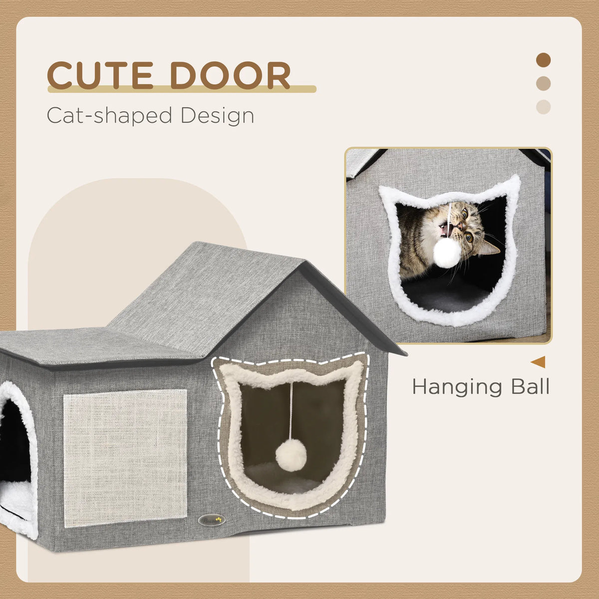 Large Cat Bed for Indoor, Cat House Hideaway with Soft Cushion, Scratching Pad, Dangling Ball, Dual Entrances, Grey