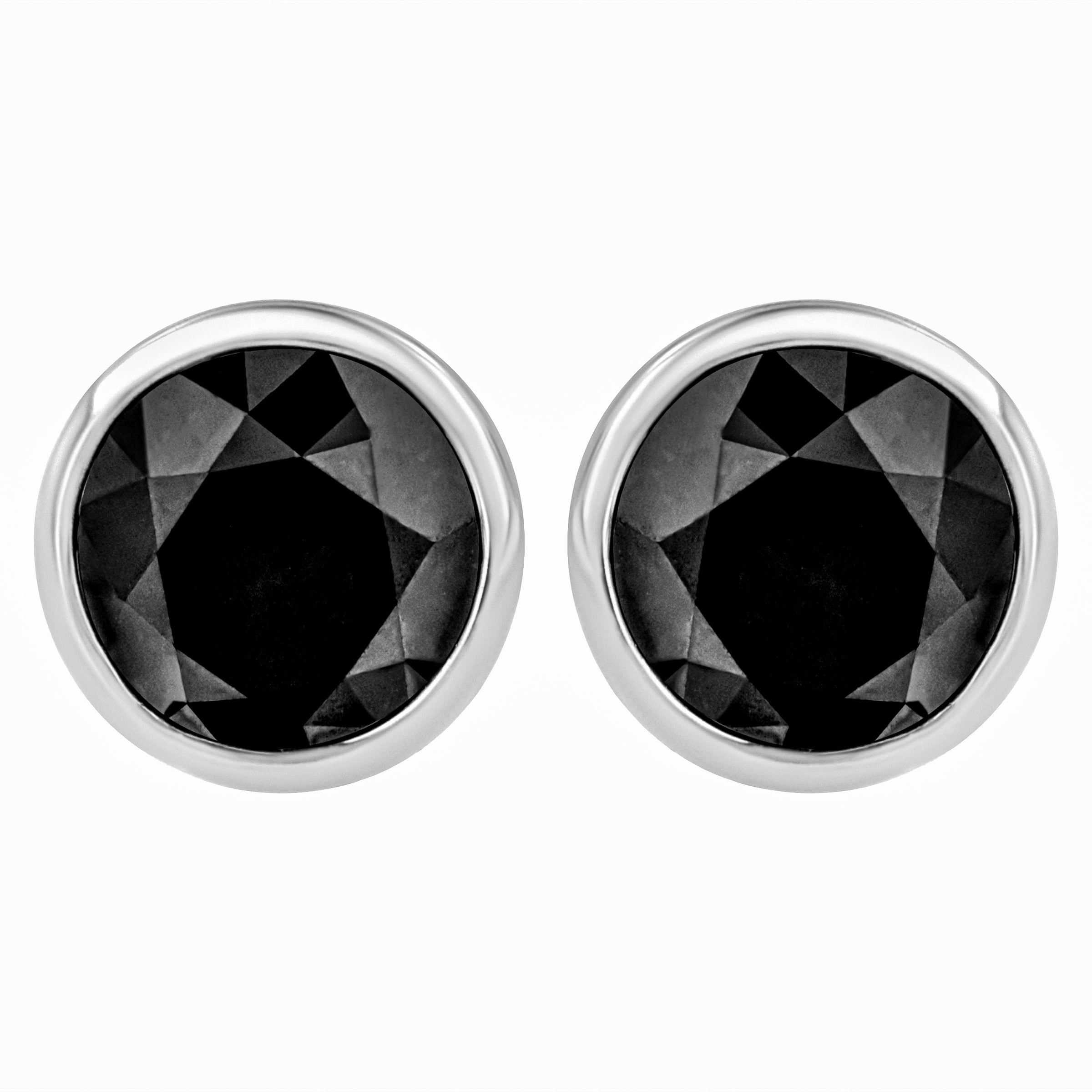 14K White Gold 1/2 Cttw Round Brilliant-Cut Black Diamond Bezel-Set Stud Earrings with Screw Backs (Fancy Color-Enhanced, I2-I3 Clarity)