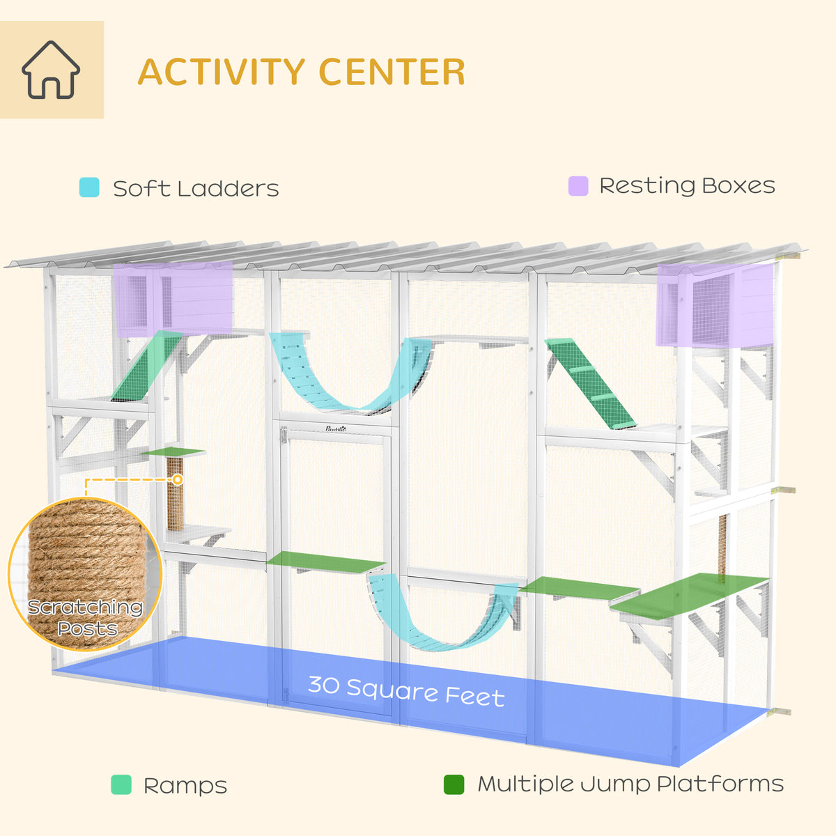 118" Large Outdoor Catio Cat Enclosure with Condos, Bridges & Posts, White