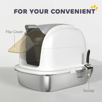 XL Stainless Steel Cat Litter Box with Lid for Big Cats, Enclosed Cat Litter Box with Flip Cover, Scoop