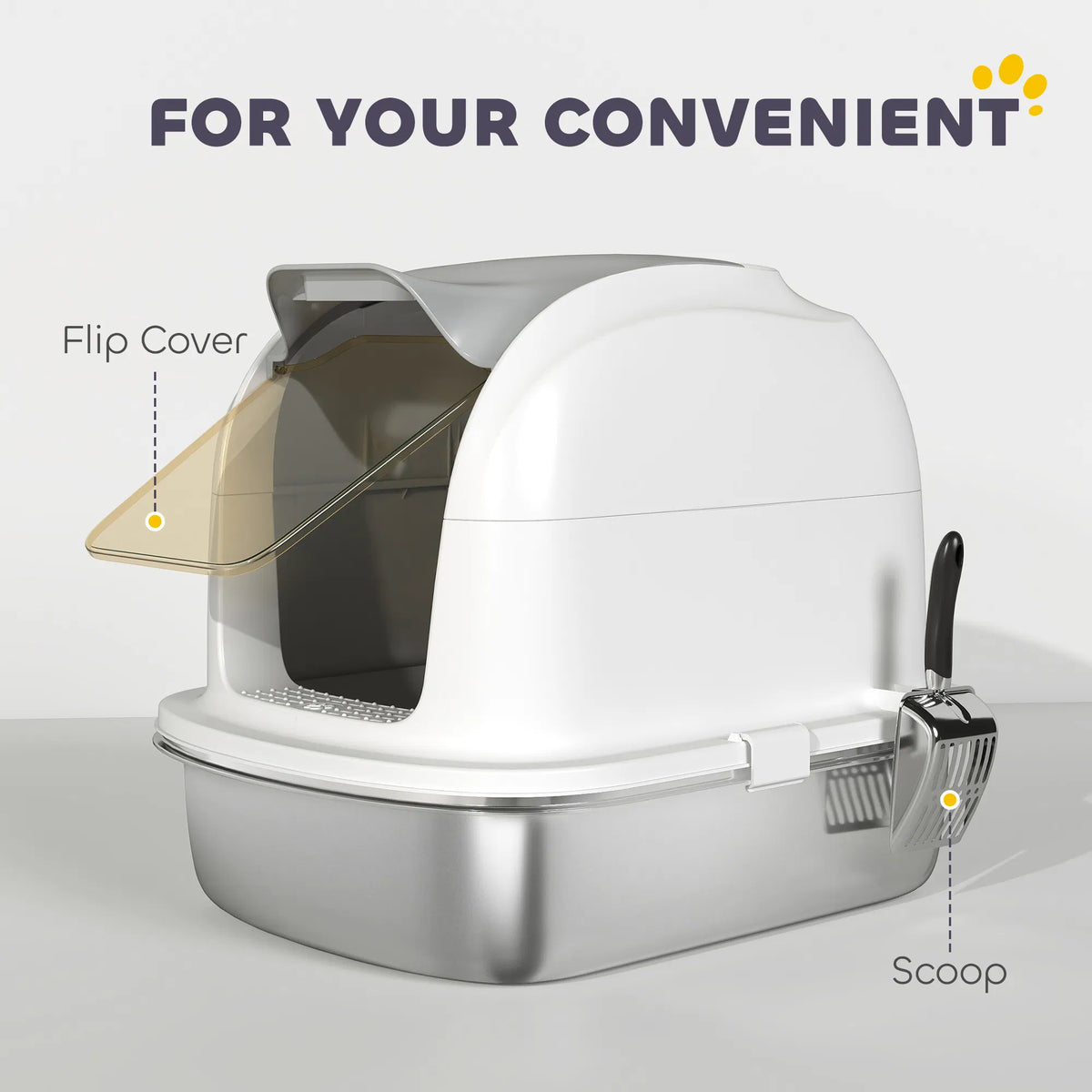 XL Stainless Steel Cat Litter Box with Lid for Big Cats, Enclosed Cat Litter Box with Flip Cover, Scoop