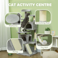 54" Cat Tree, Multi-Level Cat Tower with Scratching Posts, Cat Condos, Bed, Platforms, Ramp, Toy Ball, Light Grey