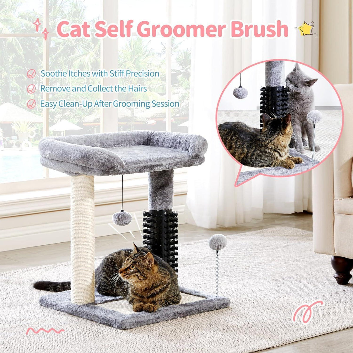 Small 4-in-1 Cat Tree Tower With Self-grooming Brush And Natural Sisal Scratching Post, Soft Plush Cat Bed And Hanging B